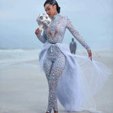 Plus Size Jumpsuits Wedding Dresses Bridal Gowns High Neck Beading Long Sleeve Bride Wear With Detachable Train 24W